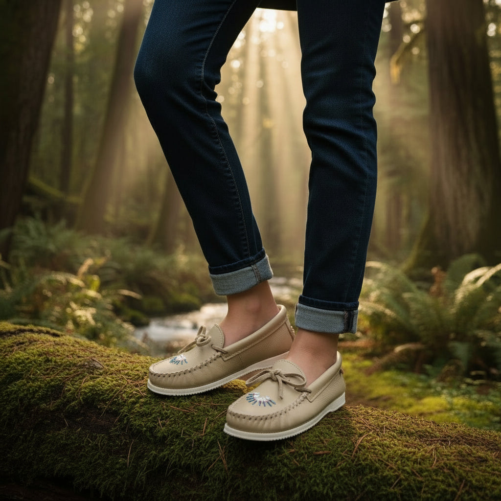 Person wearing beige loafers and dark jeans standing on a mossy forest floor.