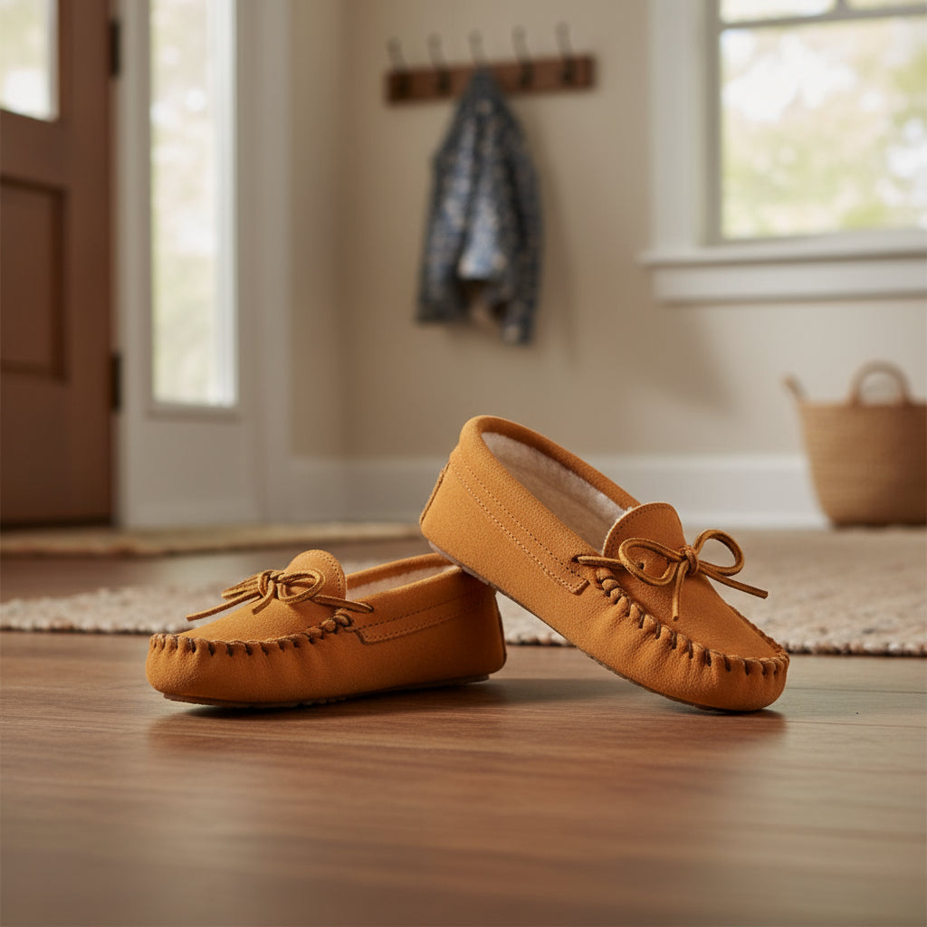 Orange moccasin slipper with bow on a white background