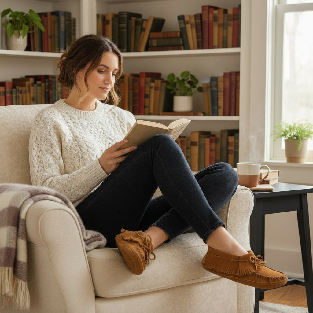 Woman reading a book on a couch in a cozy living room.