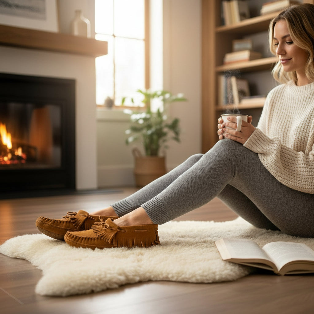 Woman sitting on a rug in front of a fireplace, holding a mug and reading a book.