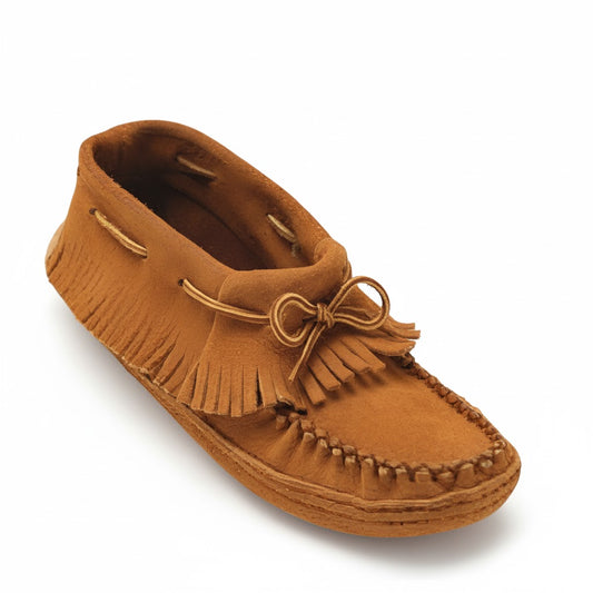 Brown moccasin shoe with fringes on a white background