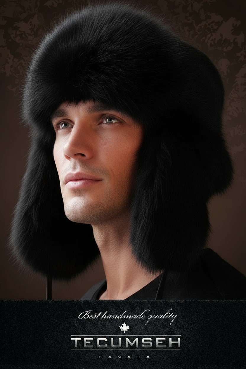 Person wearing a black fur hat with 'Tecumseh Canada' branding on a dark background