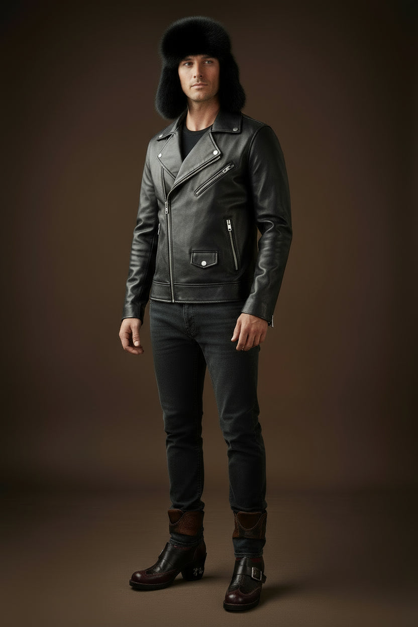 Man wearing a black fur hat with 'Tecumseh Canada' branding on a dark background