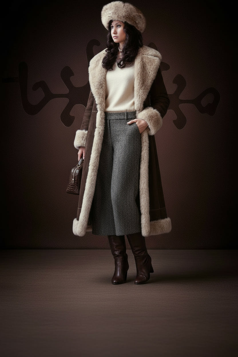 Woman wearing a long fur coat, white sweater, gray skirt, and brown boots against a dark background.