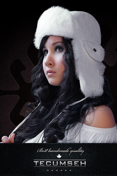 Tecumseh Canada White Rabbit Fur Bomber Hat in White Leather- Handcrafted in Canada