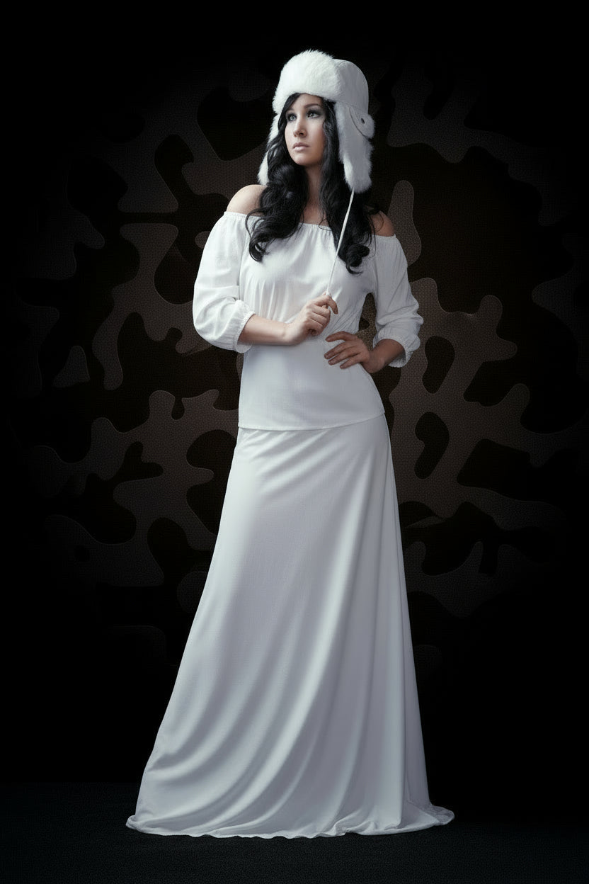 Woman in a white dress and hat against a dark background