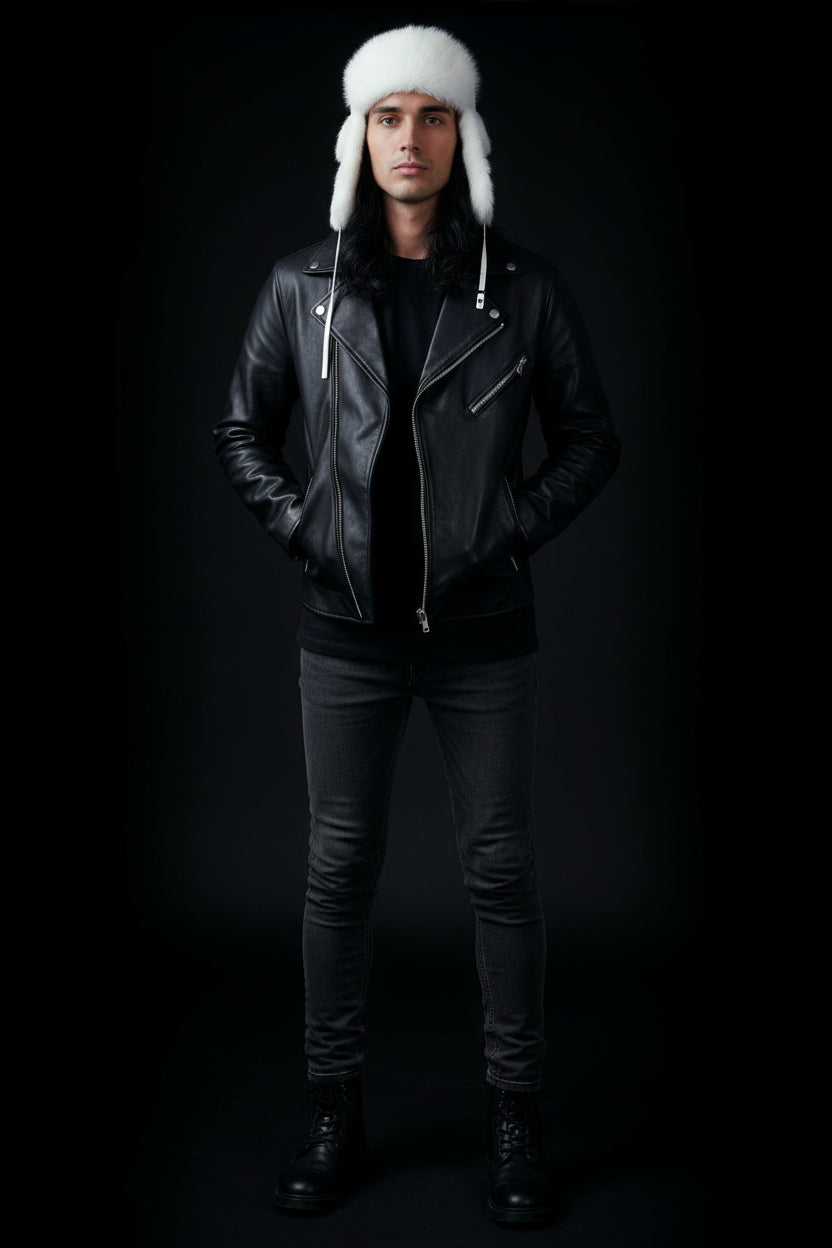 Person wearing a black leather jacket, dark pants, and a white fur hat against a black background