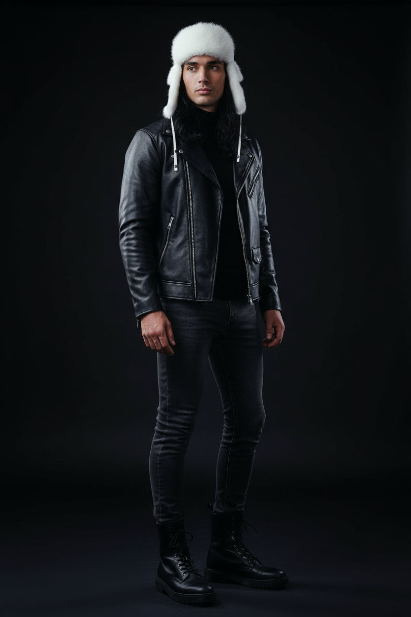 Tecumseh Canada White Rabbit Fur Bomber Hat in White Leather- Handcrafted in Canada