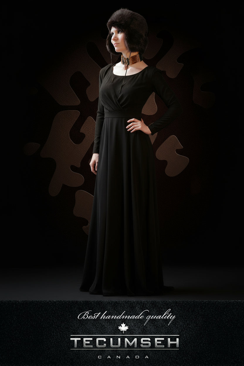 Woman wearing a black fur hat with 'Tecumseh Canada' branding on a dark background