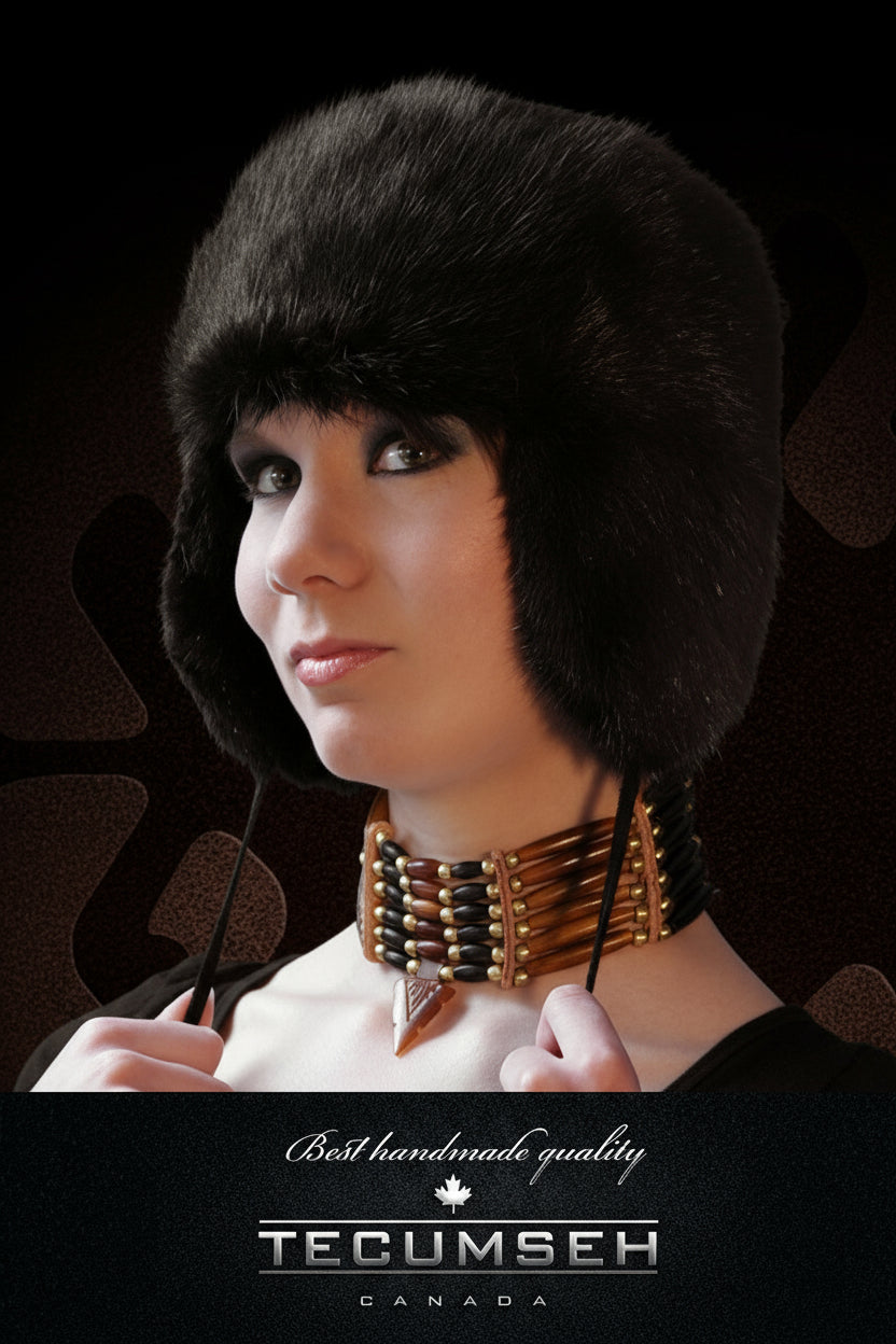 Woman wearing a black fur hat with 'Tecumseh Canada' branding on a dark background