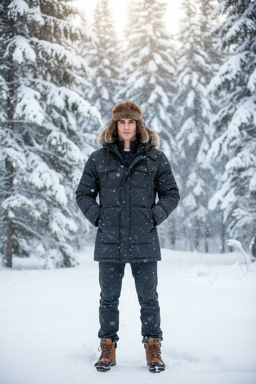 Man wearing a fur hat with 'Tecumseh Canada' branding on a dark background