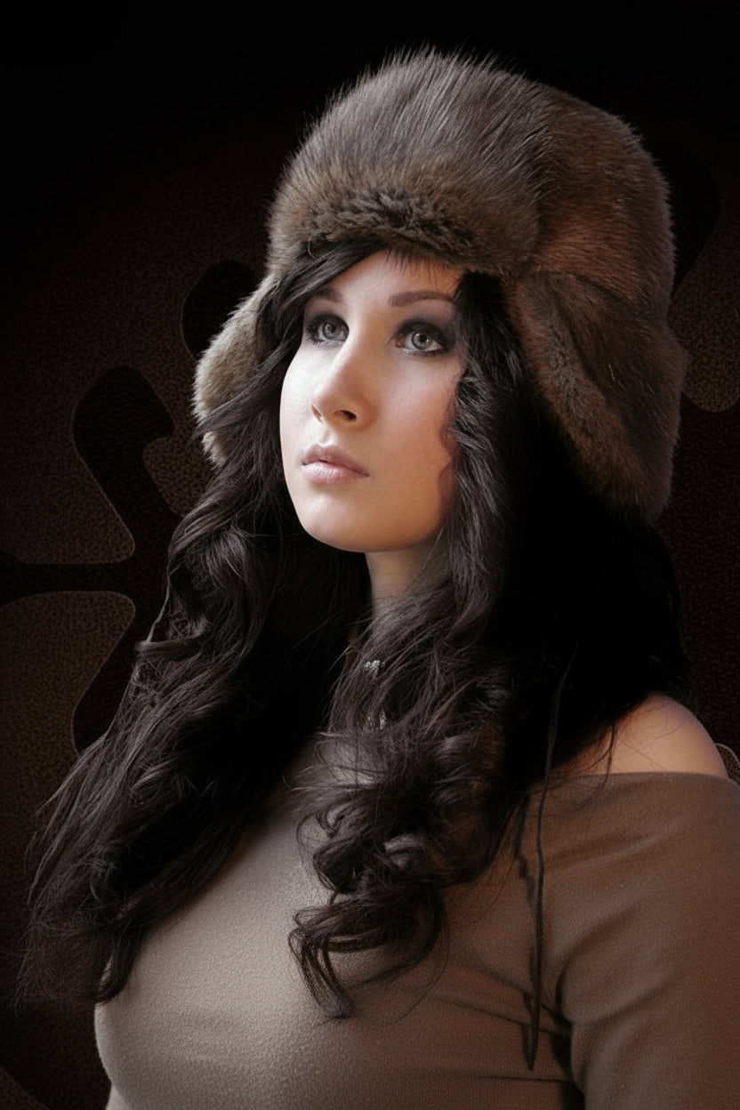 Woman wearing a fur hat against a dark background