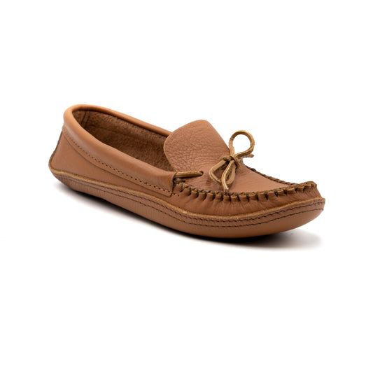 Brown leather moccasin shoe on a white background