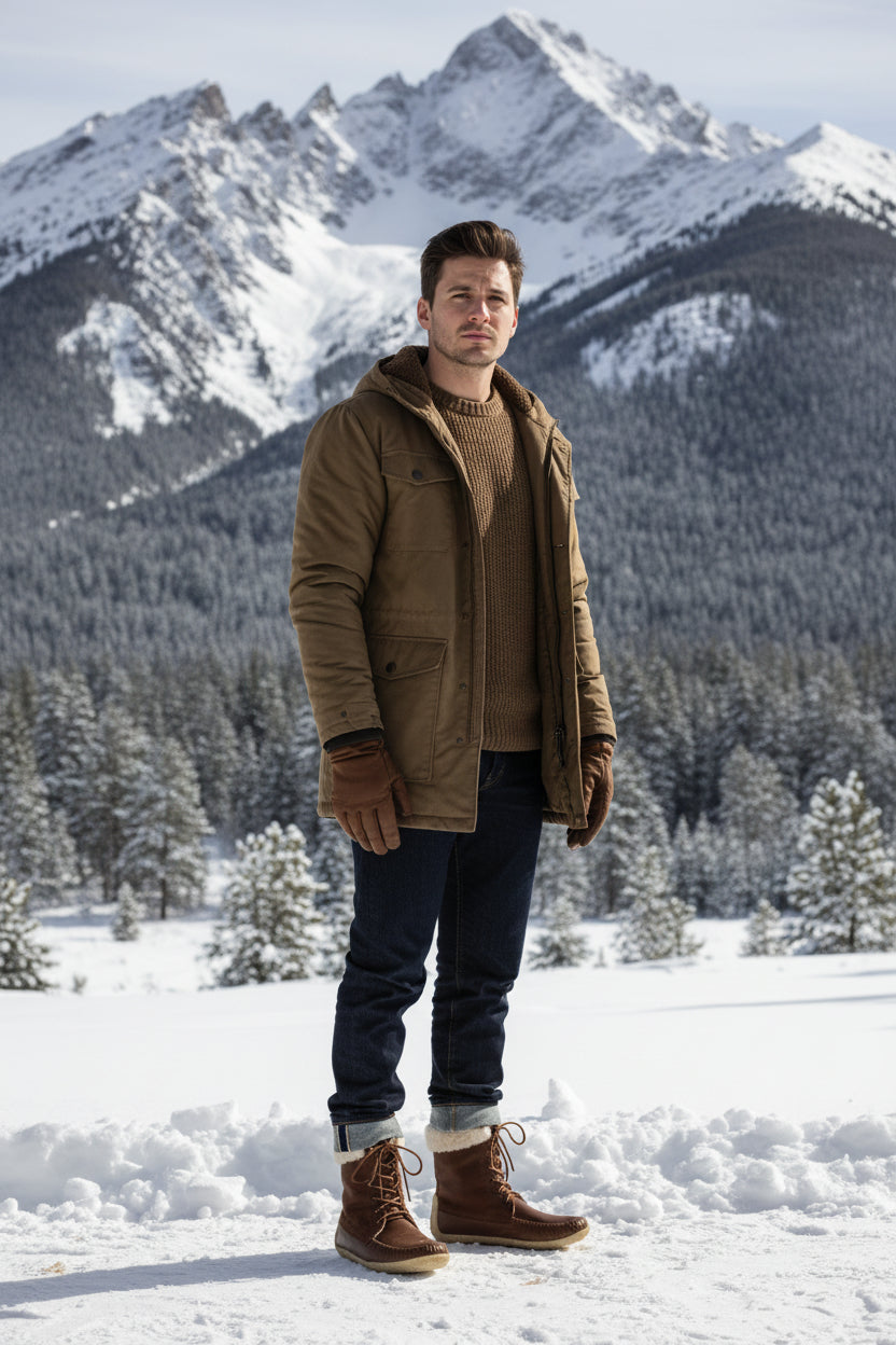 Man standing in a snowy landscape with mountains in the background wearing snowshoe boots.