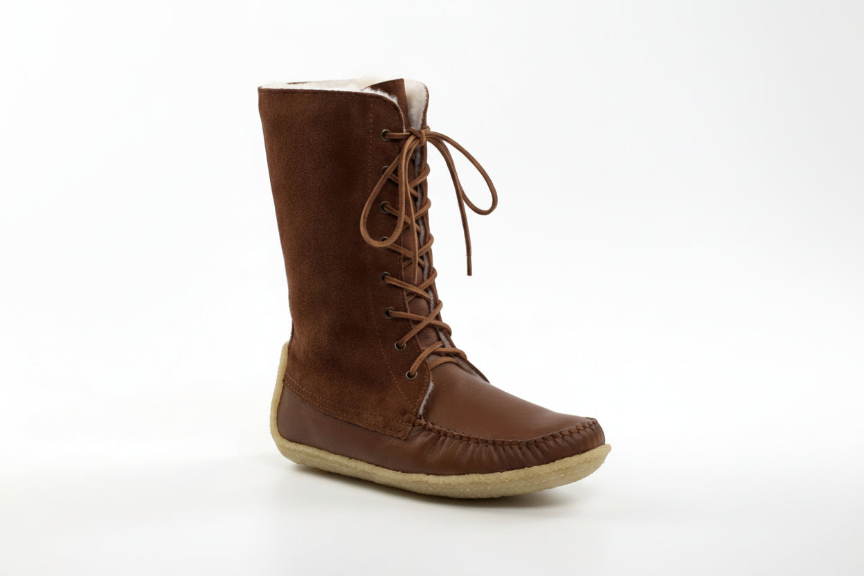Brown lace-up boot on a white background