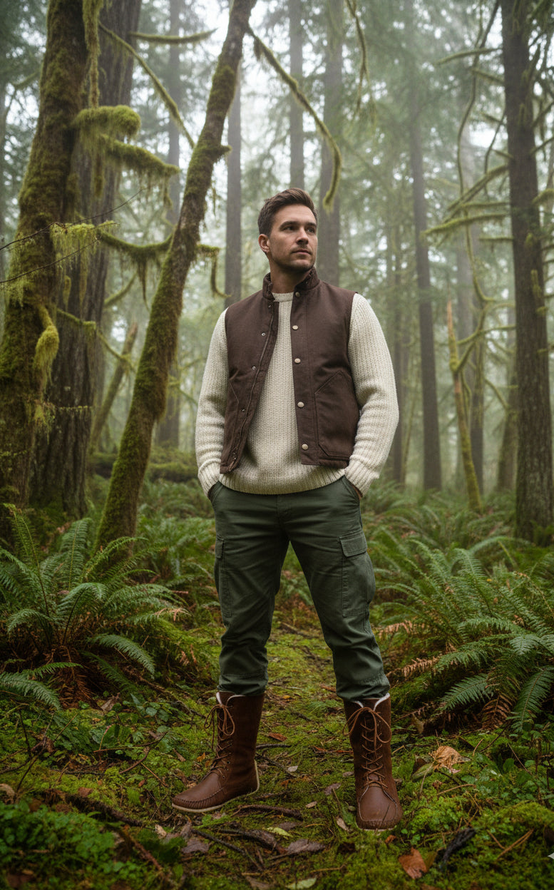 Man standing in a forest wearing a brown vest, white sweater, green pants, and brown boots.