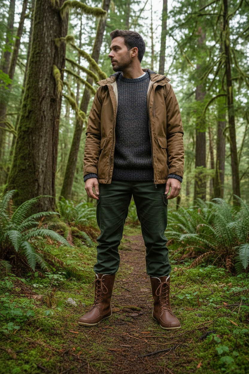 Man standing in a forest wearing a brown jacket, green pants, and brown boots.