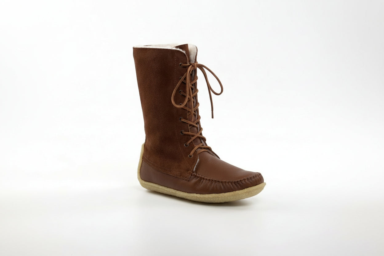 Brown lace-up boot on a white background