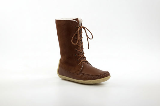 Brown lace-up boot on a white background