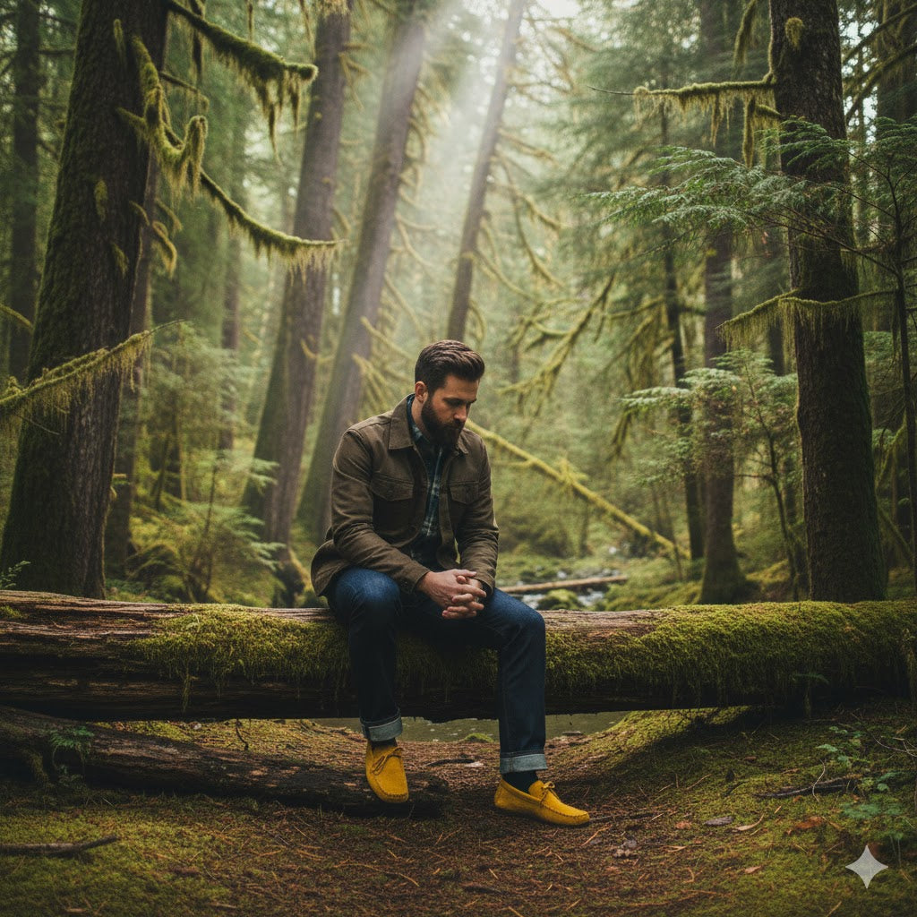 Man sitting on a log in a serene forest with sunlight filtering through the trees. wearing moccasins 