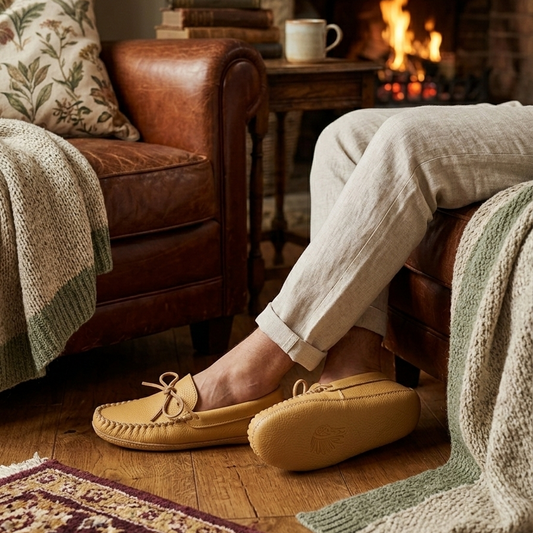 Person wearing tan loafers sitting on a couch in front of a fireplace.