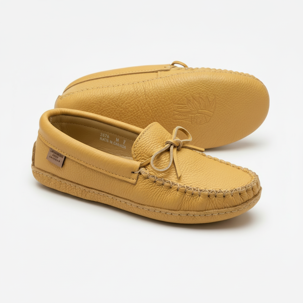 Pair of tan moccasin shoes on a white background