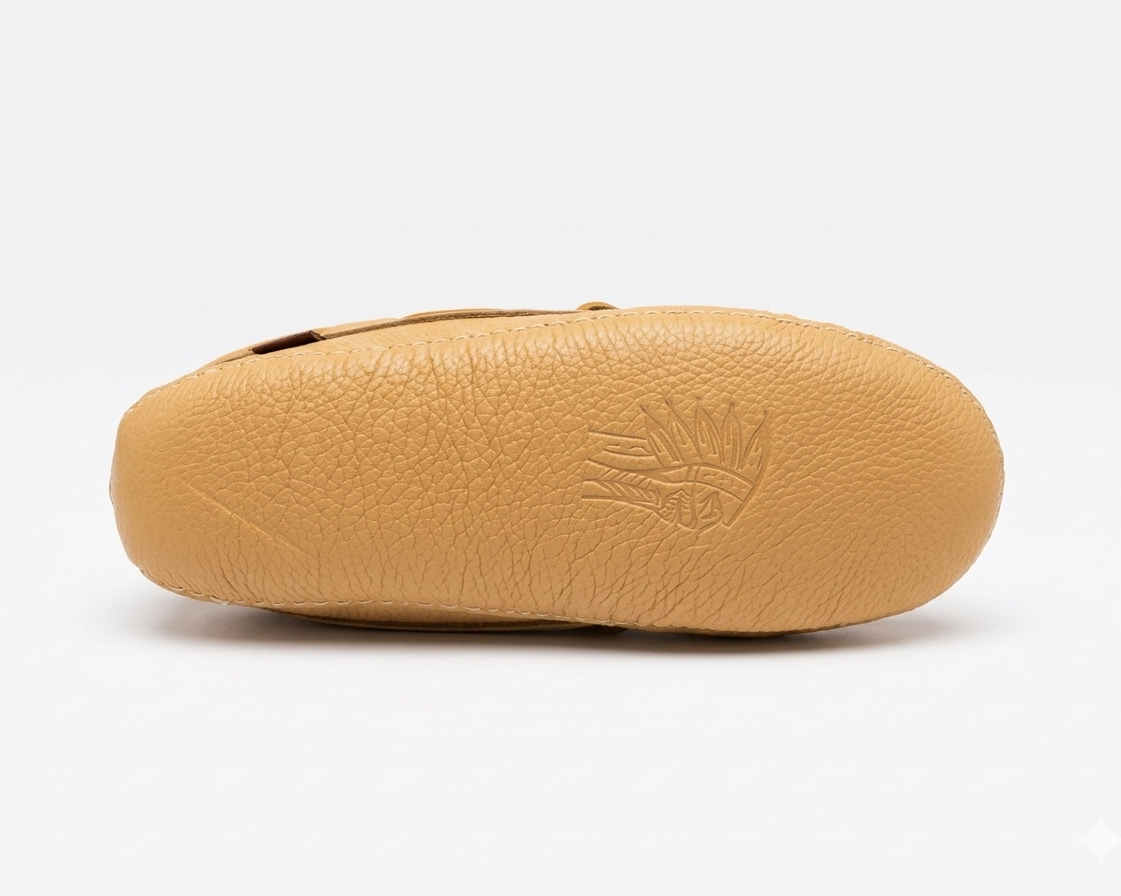 Tan leather moccasins with a laurentiacn chief brand logo on a white background