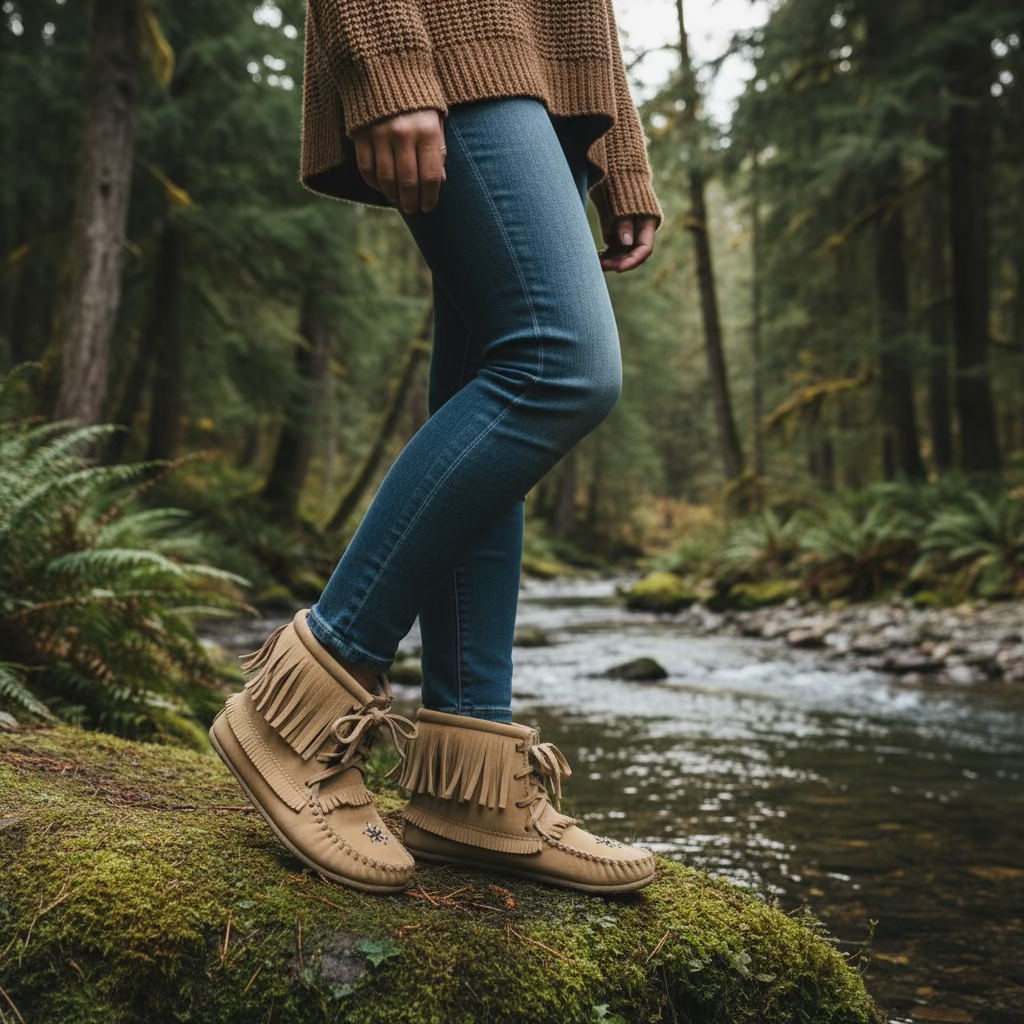 Beige moccasin boot with fringes on a white background