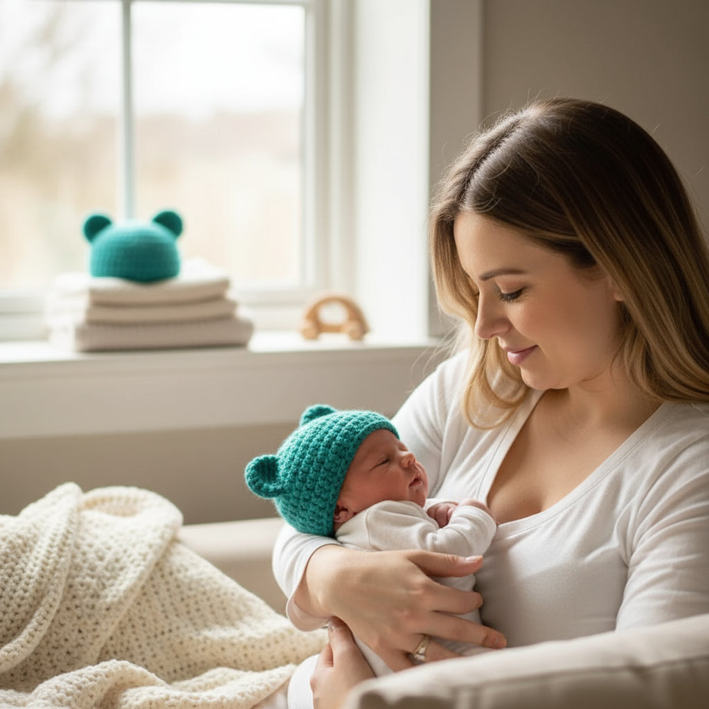 Teal crochet hat with bear ears on a wooden surface