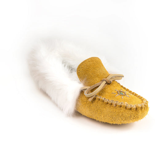 Women's Moose Hide Suede Beaded Moccasins With Rabbit Fur Trim