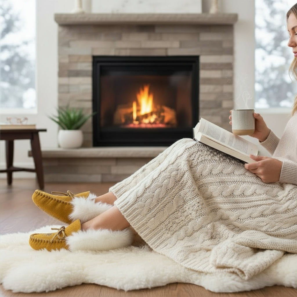 Woman reading a book by a fireplace, wearing yellow moccasins and a beige sweater.