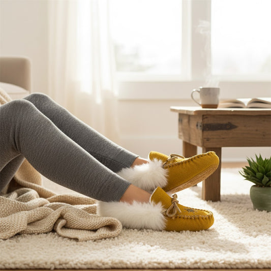 Person wearing mustard yellow slippers with white fur trim in a cozy living room.