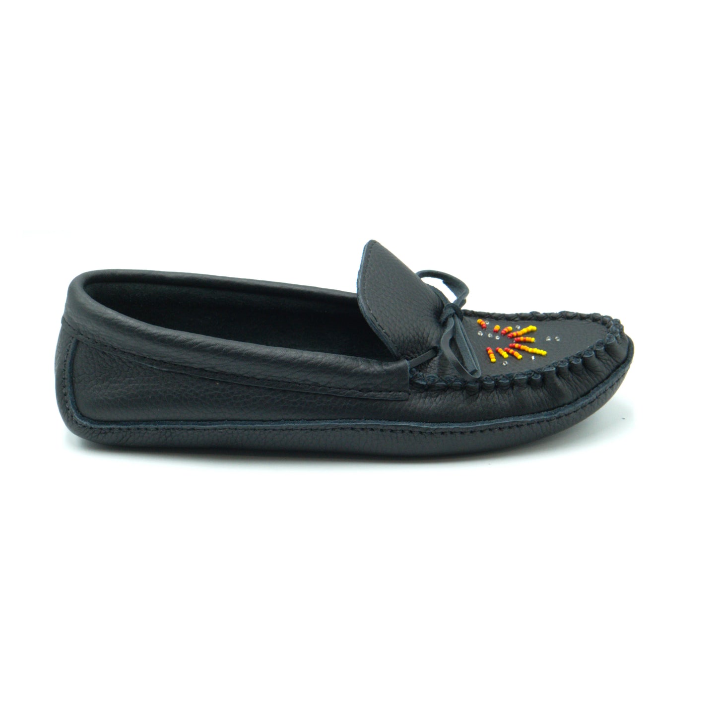 Black moccasin shoe with colorful bead design on a white background