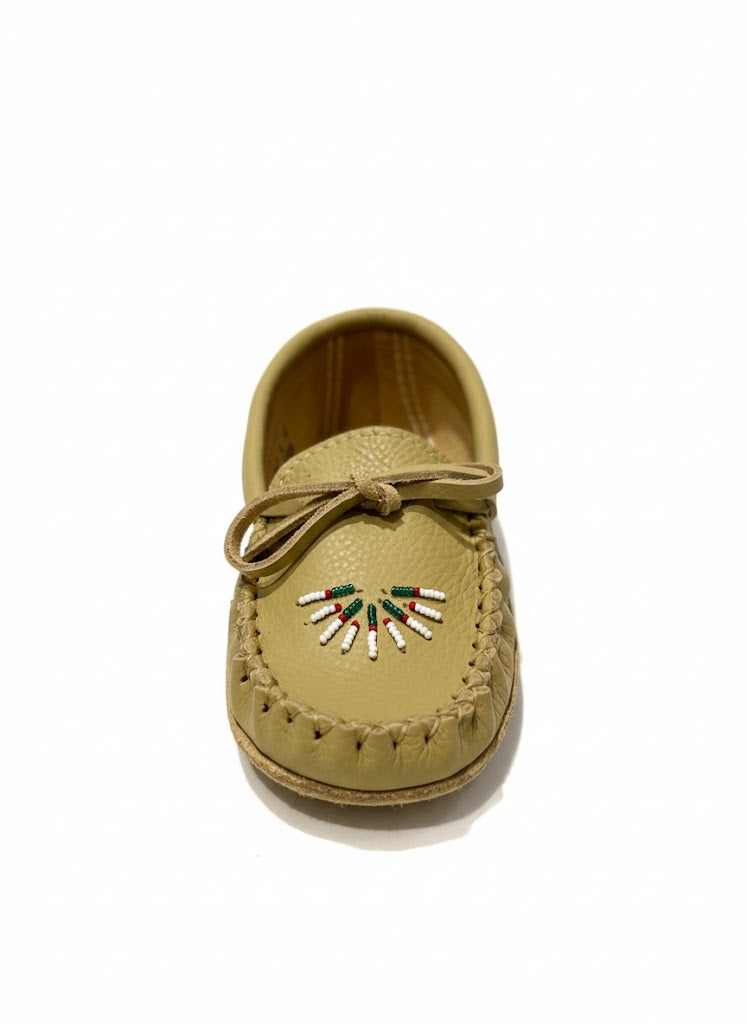 Women's Laurentian Chief Deer Tan Leather Moccasins with double Leather Ski Sole And Sunrise Beaded Vamp