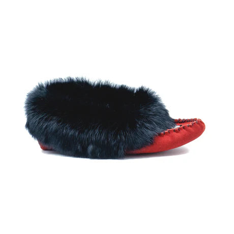 Women's Red Suede Beaded Moccasins With Rabbit Fur Trim - Special Order 2 - 3 weeks