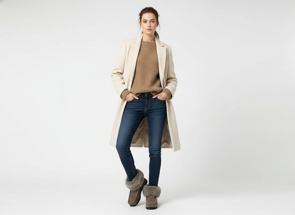 Charcoal Ankle Fur Boots with Grey Rabbit Fur & Hand Beading