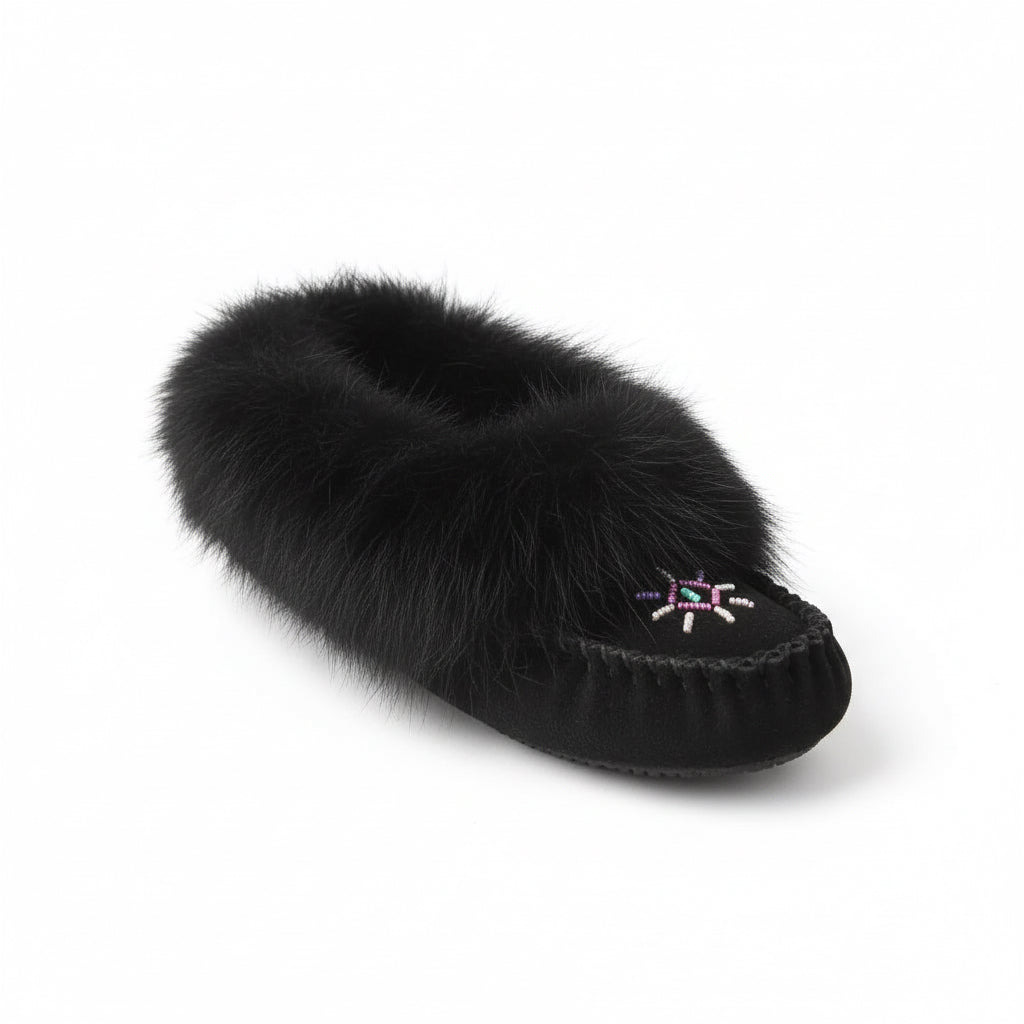 Women's Black Suede Beaded Moccasins With Rabbit Fur Trim