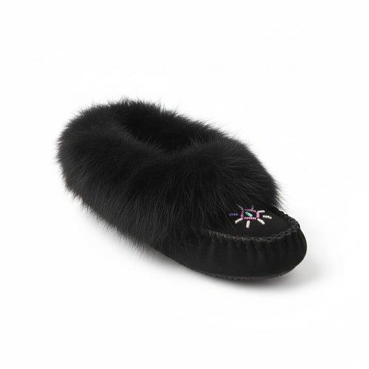 Women's Black Suede Beaded Moccasins With Rabbit Fur Trim