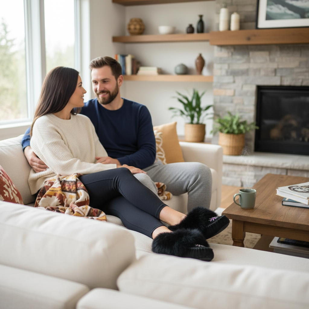 Women's Black Suede Beaded Moccasins With Rabbit Fur Trim