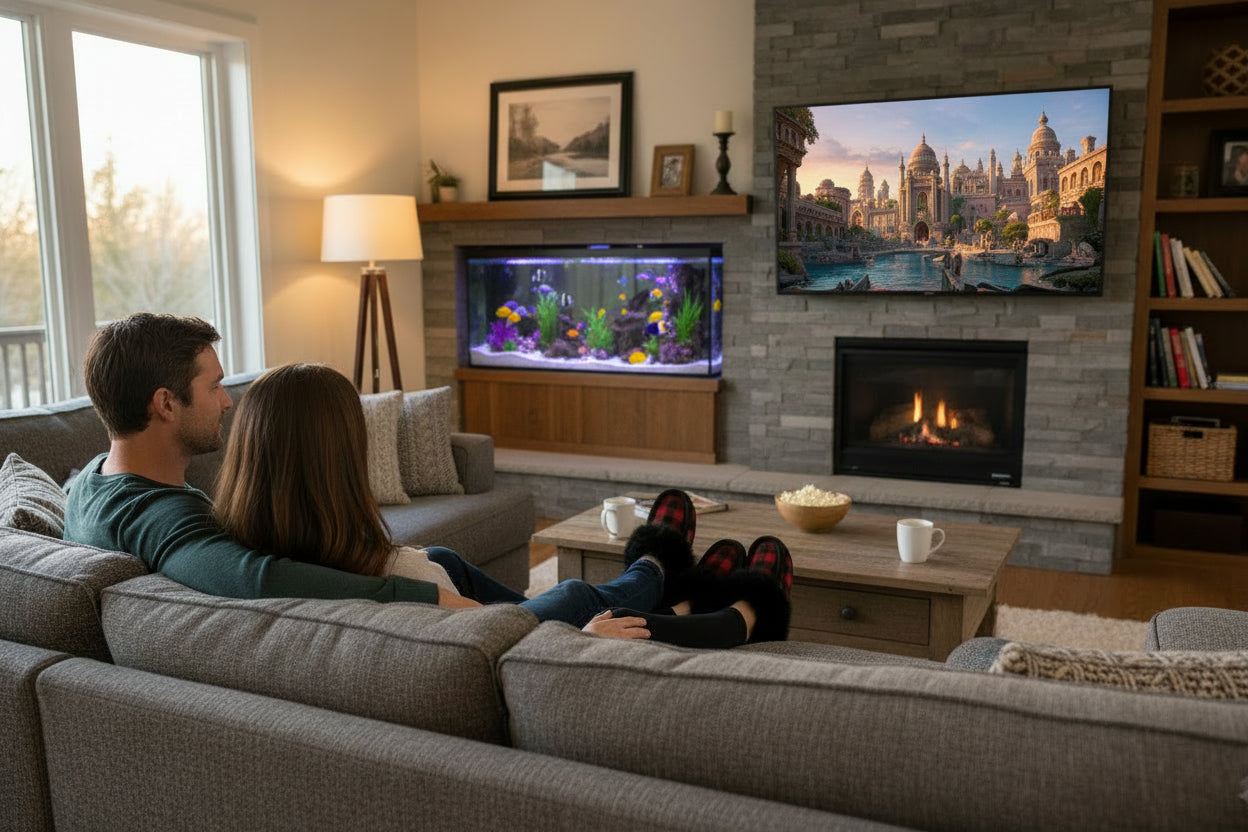 Pair of black and red checkered slippers with fur trim on a white background
