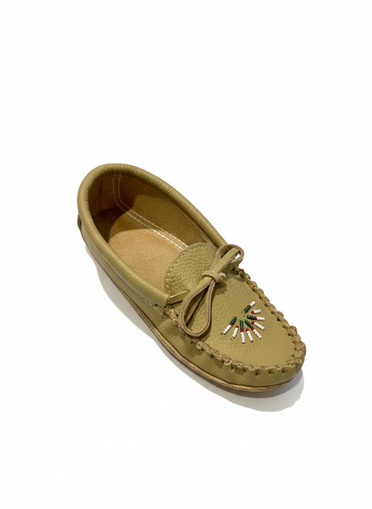 Women's Laurentian Chief Deer Tan Leather Moccasins with double Leather Ski Sole And Sunrise Beaded Vamp