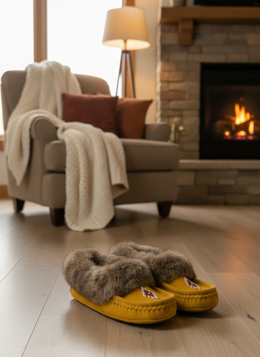Yellow slippers with fur trim on a wooden floor in front of a fireplace.