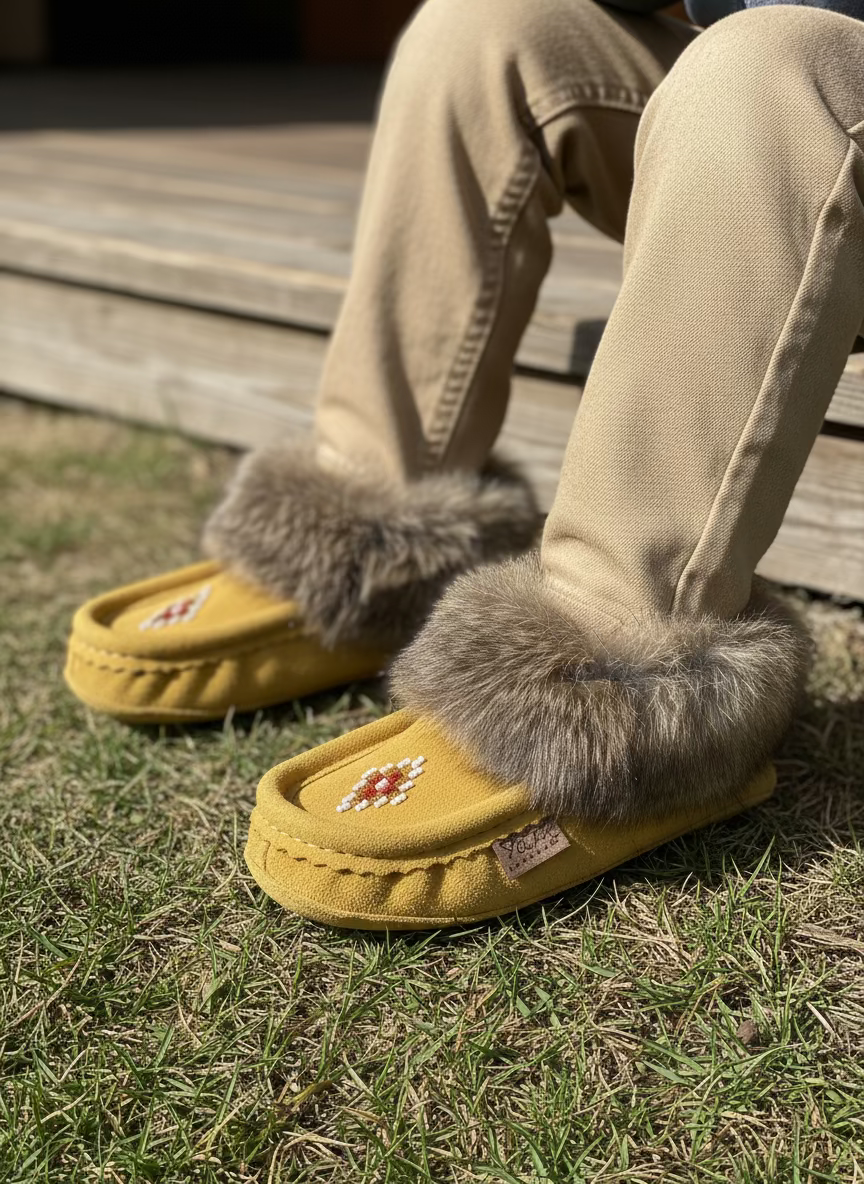 Slipper with fur trim on a beige background