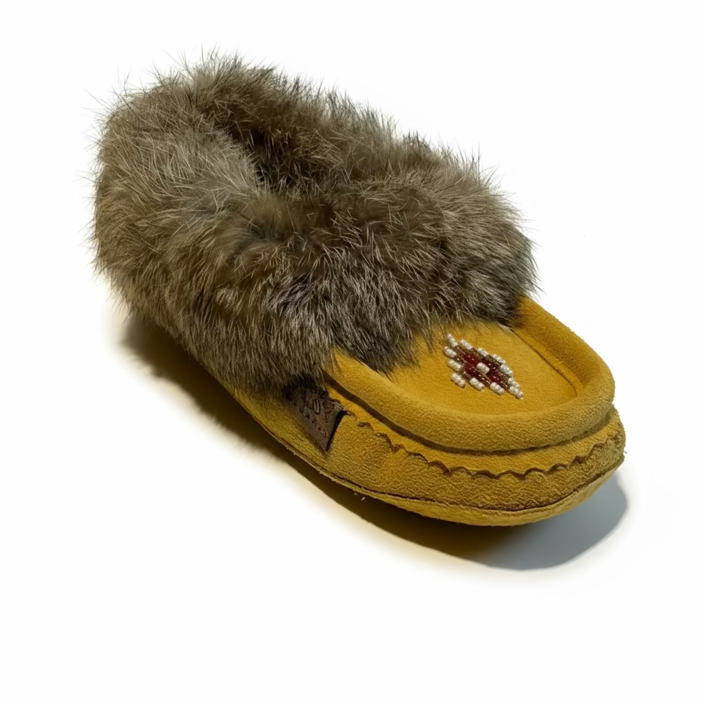 Moccasin with fur and bead design on a white background