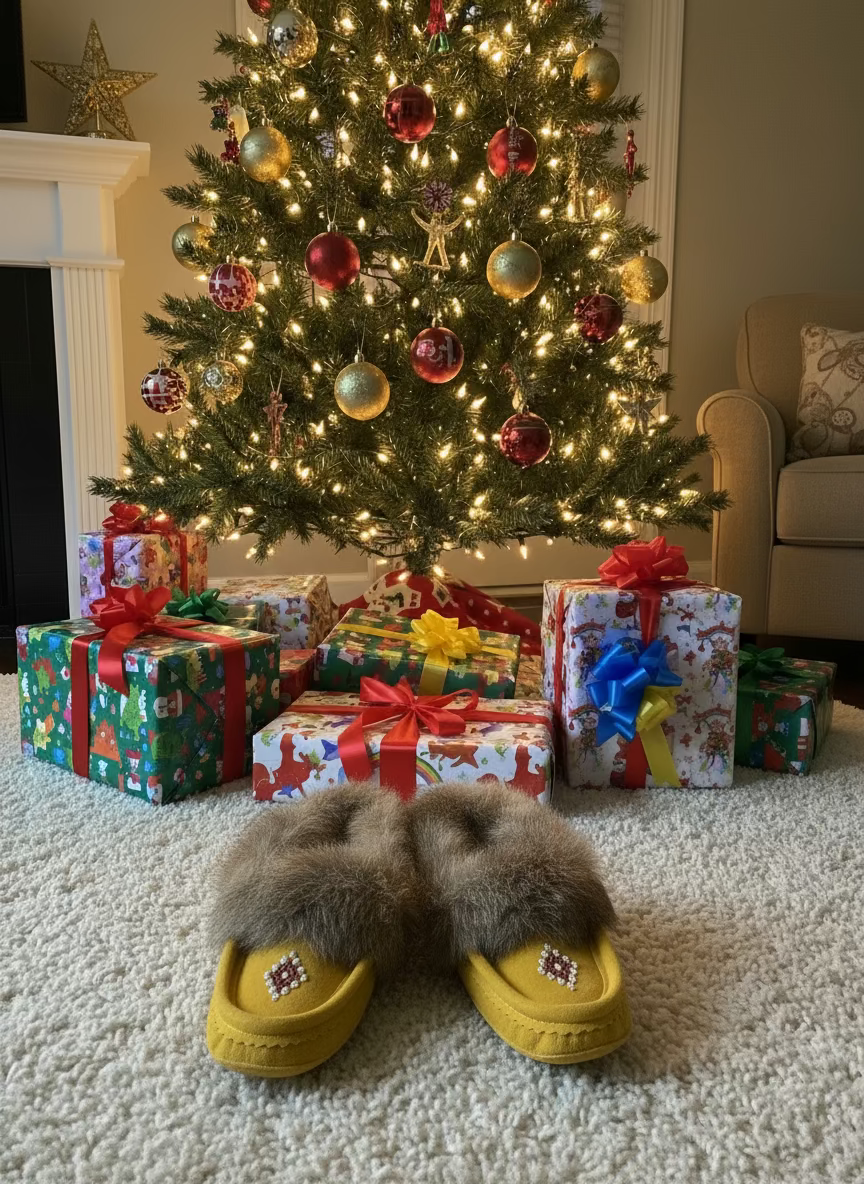 Yellow slippers with fur trim in front of a Christmas tree and presents.