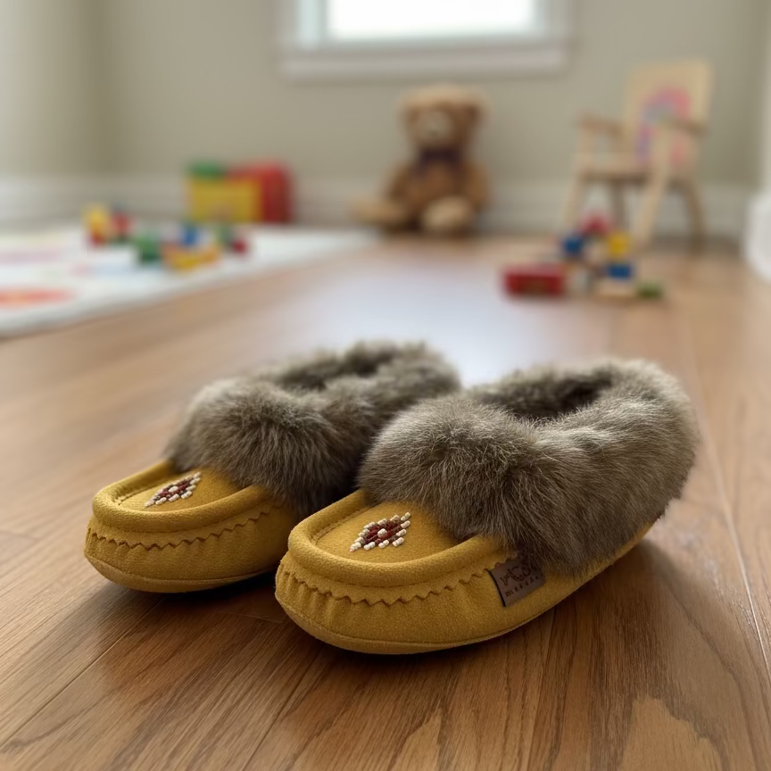 Brown moccasin slipper with fur on a white background