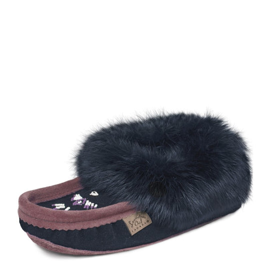 black slipper with plumb trim and black fur trim on a white background