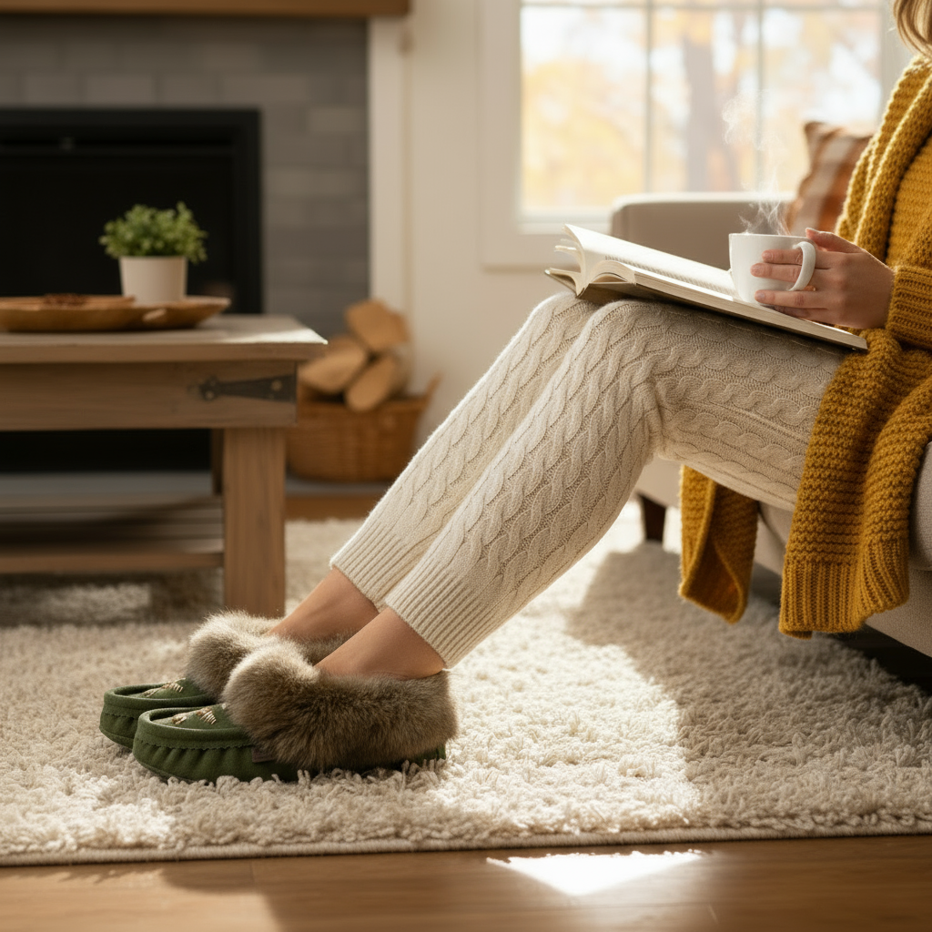 Womens Forest Green Suede Moccasins Trimmed With Brown Rabbit Fur Collar