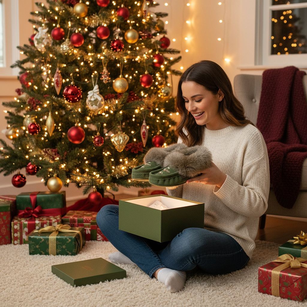Womens Forest Green Suede Moccasins Trimmed With Brown Rabbit Fur Collar