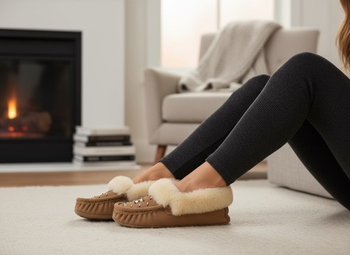 Person wearing brown slippers with white fur trim in a cozy living room.
